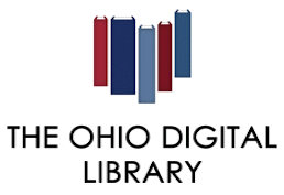 Books lined up in the shape of Ohio. Text reads The Ohio Digital Library